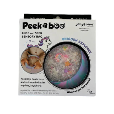 Jellystone Peekaboo Sensory Bag filled with colourful beads and themed charms for tactile sensory play