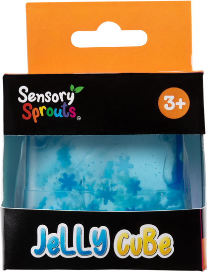 Sensory Sprouts Snowflake Jelly Cube - squishy blue cube with floating snowflakes