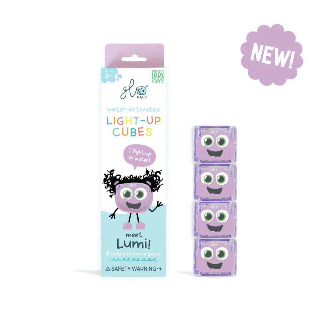 Jellystone Glo Pal Cube Lumi purple light-up sensory toy glowing in water for bath time