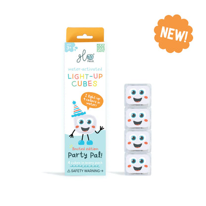 Jellystone Glo Pal Cube Party Pal multicoloured light-up sensory toy glowing in water
