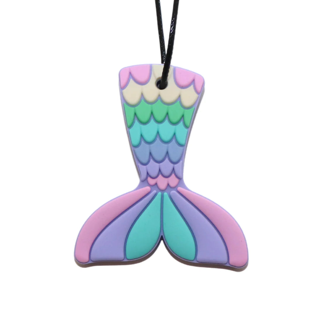 Jellystone Mermaid Tail Chew Pendant made of food-grade silicone on black cord for kids sensory chewing needs