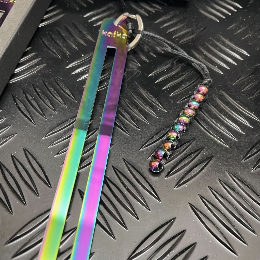 Kaiko Fidgets metal bookmark in oil slick finish with reading guide pane and fidget hook for sensory focus aid - view 9