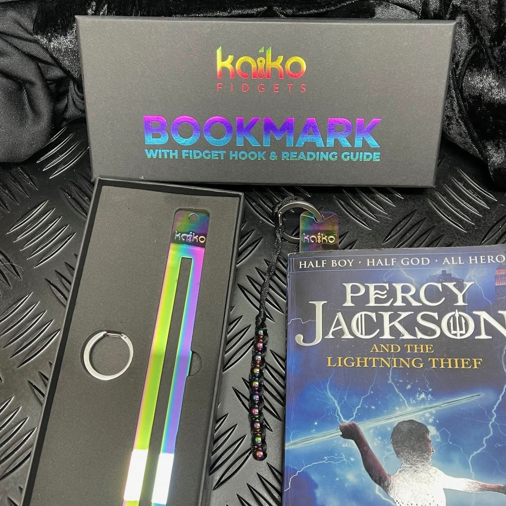 Kaiko Fidgets metal bookmark in oil slick finish with reading guide pane and fidget hook for sensory focus aid - view 3