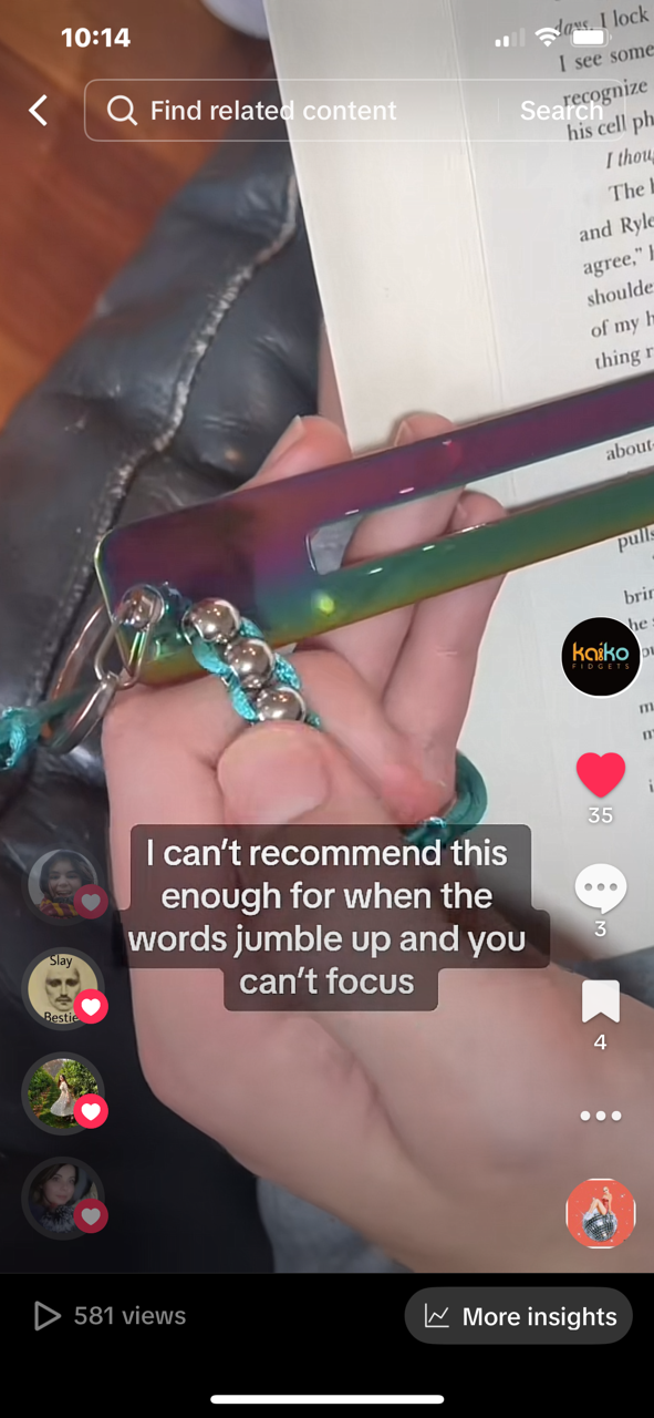 Kaiko Fidgets metal bookmark in oil slick finish with reading guide pane and fidget hook for sensory focus aid - view 4