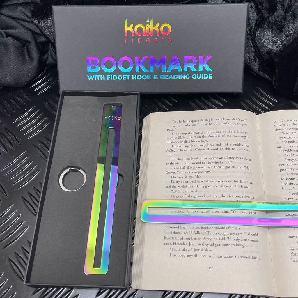 Kaiko Fidgets metal bookmark in oil slick finish with reading guide pane and fidget hook for sensory focus aid - view 5