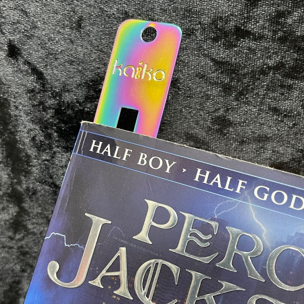 Kaiko Fidgets metal bookmark in oil slick finish with reading guide pane and fidget hook for sensory focus aid - view 6