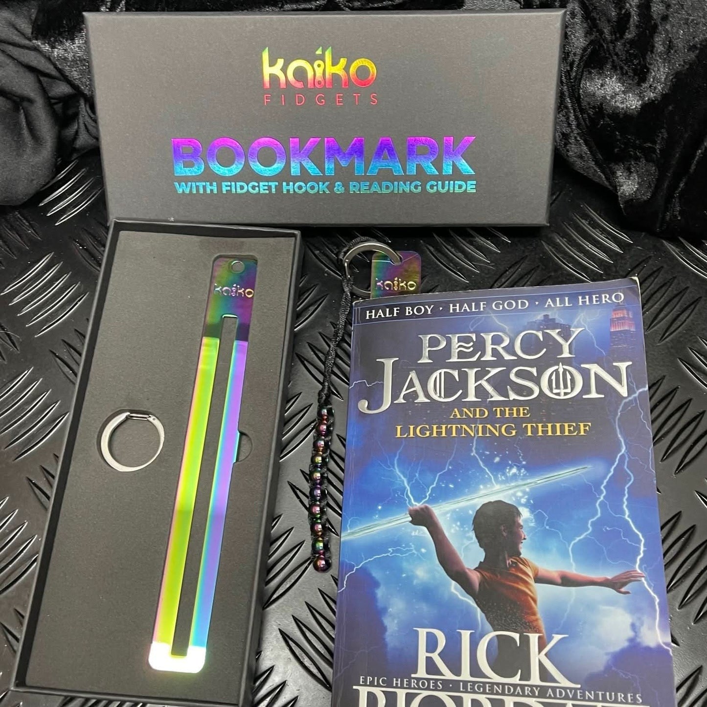 Kaiko Fidgets metal bookmark in oil slick finish with reading guide pane and fidget hook for sensory focus aid - view 8