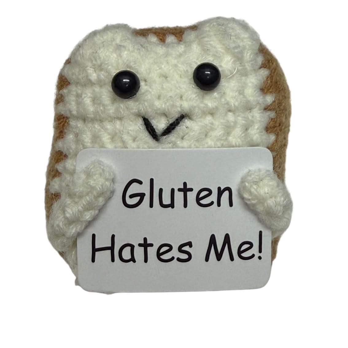 Kaiko Mini Bread Gluten Hates Me hand crochet plush holding a Gluten Hates Me sign