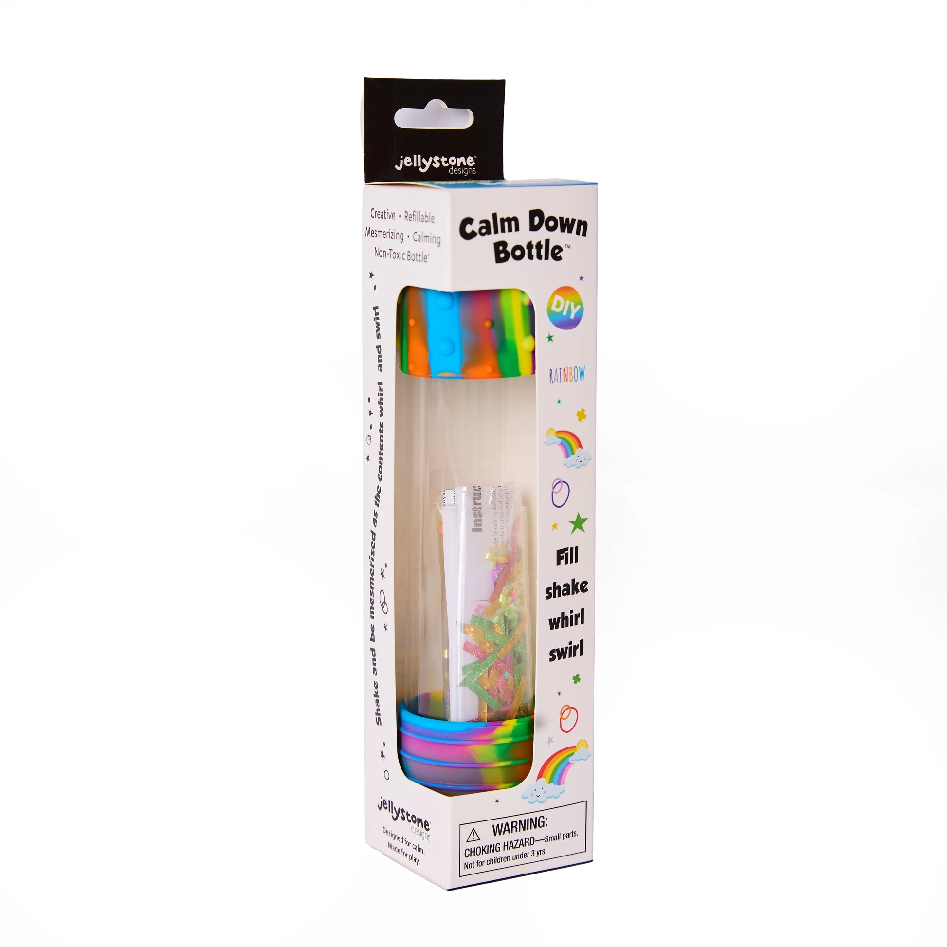Jellystone DIY Calm Down Bottle sensory toy with glitter and beads swirling inside a clear BPA-free bottle