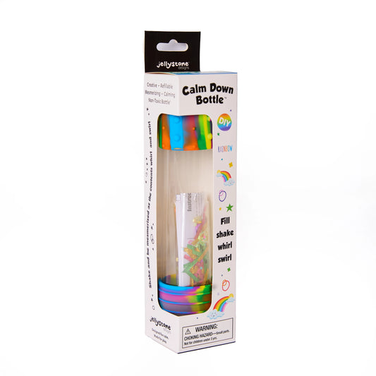 Jellystone DIY Calm Down Bottle sensory toy with glitter and beads swirling inside a clear BPA-free bottle