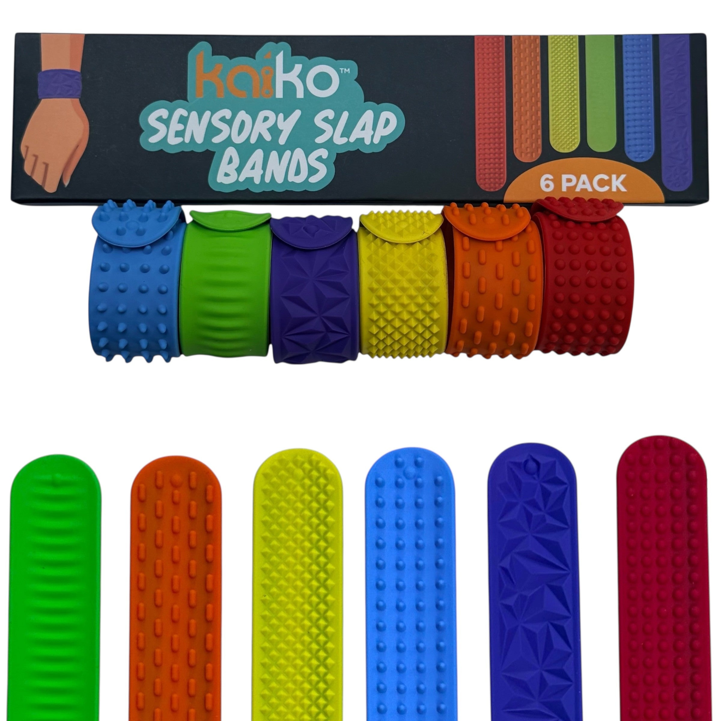 Kaiko Fidgets vibrant silicone sensory slap bands in six textured patterns worn on wrist for tactile sensory support - view 2