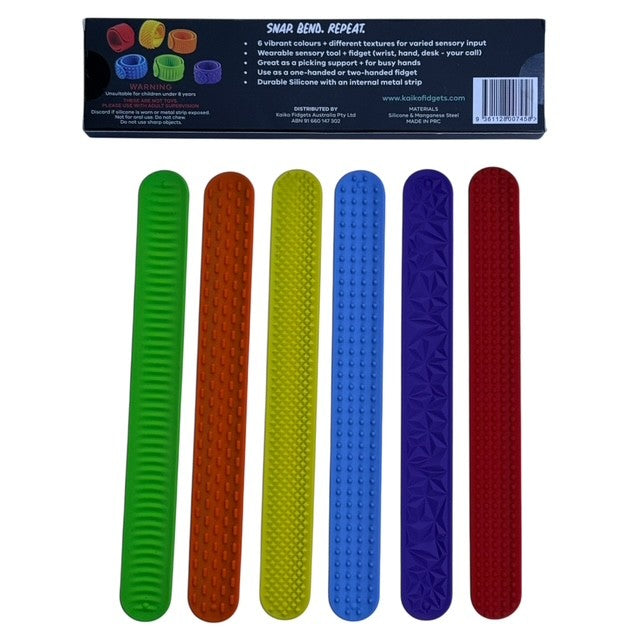 Kaiko Fidgets vibrant silicone sensory slap bands in six textured patterns worn on wrist for tactile sensory support - view 16
