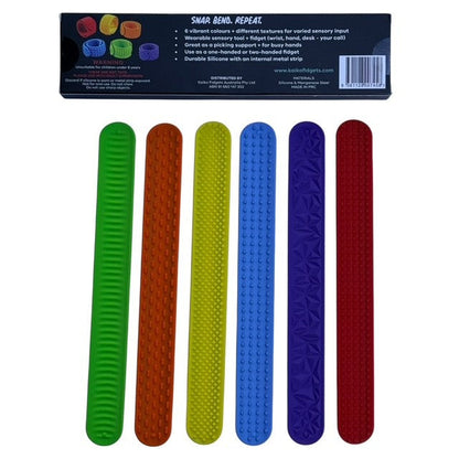 Kaiko Fidgets vibrant silicone sensory slap bands in six textured patterns worn on wrist for tactile sensory support - view 16