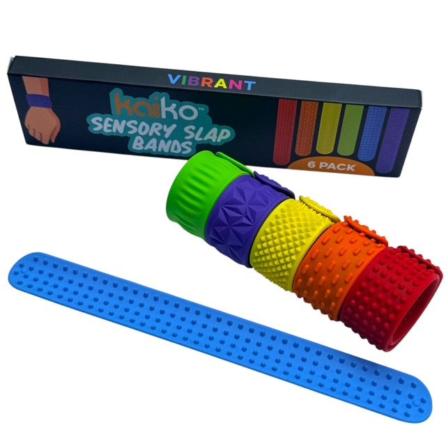 Kaiko Fidgets vibrant silicone sensory slap bands in six textured patterns worn on wrist for tactile sensory support - view 3