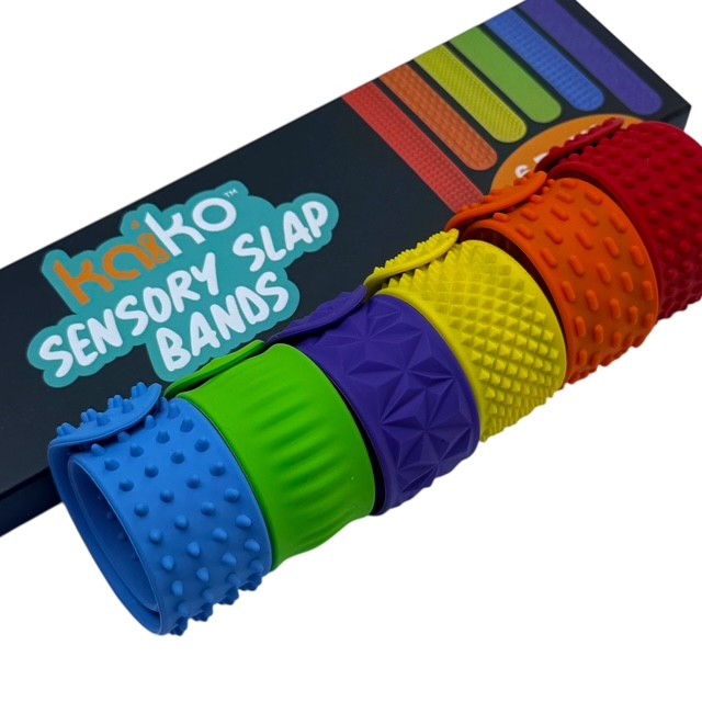 Kaiko Fidgets vibrant silicone sensory slap bands in six textured patterns worn on wrist for tactile sensory support - view 12