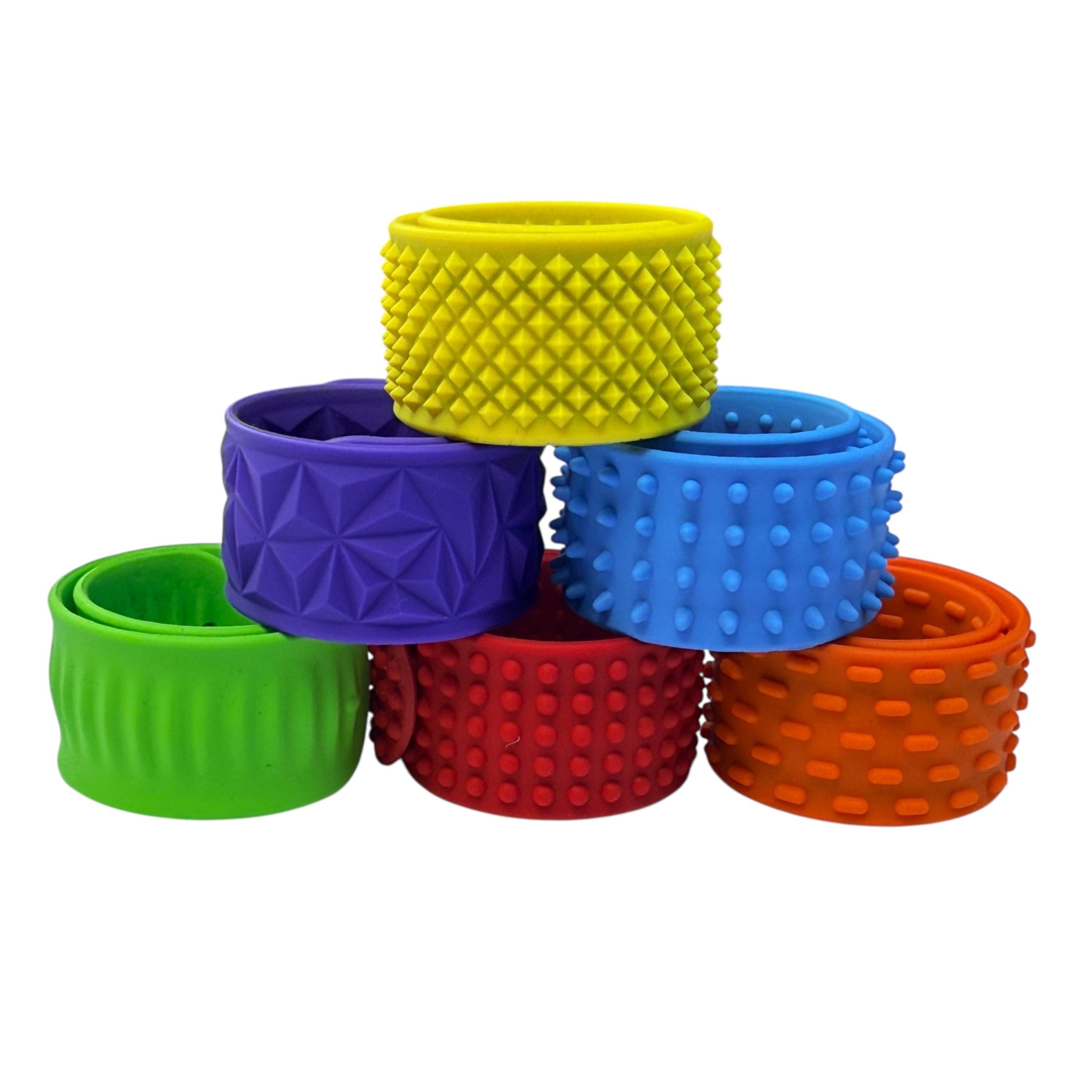 Kaiko Fidgets vibrant silicone sensory slap bands in six textured patterns worn on wrist for tactile sensory support