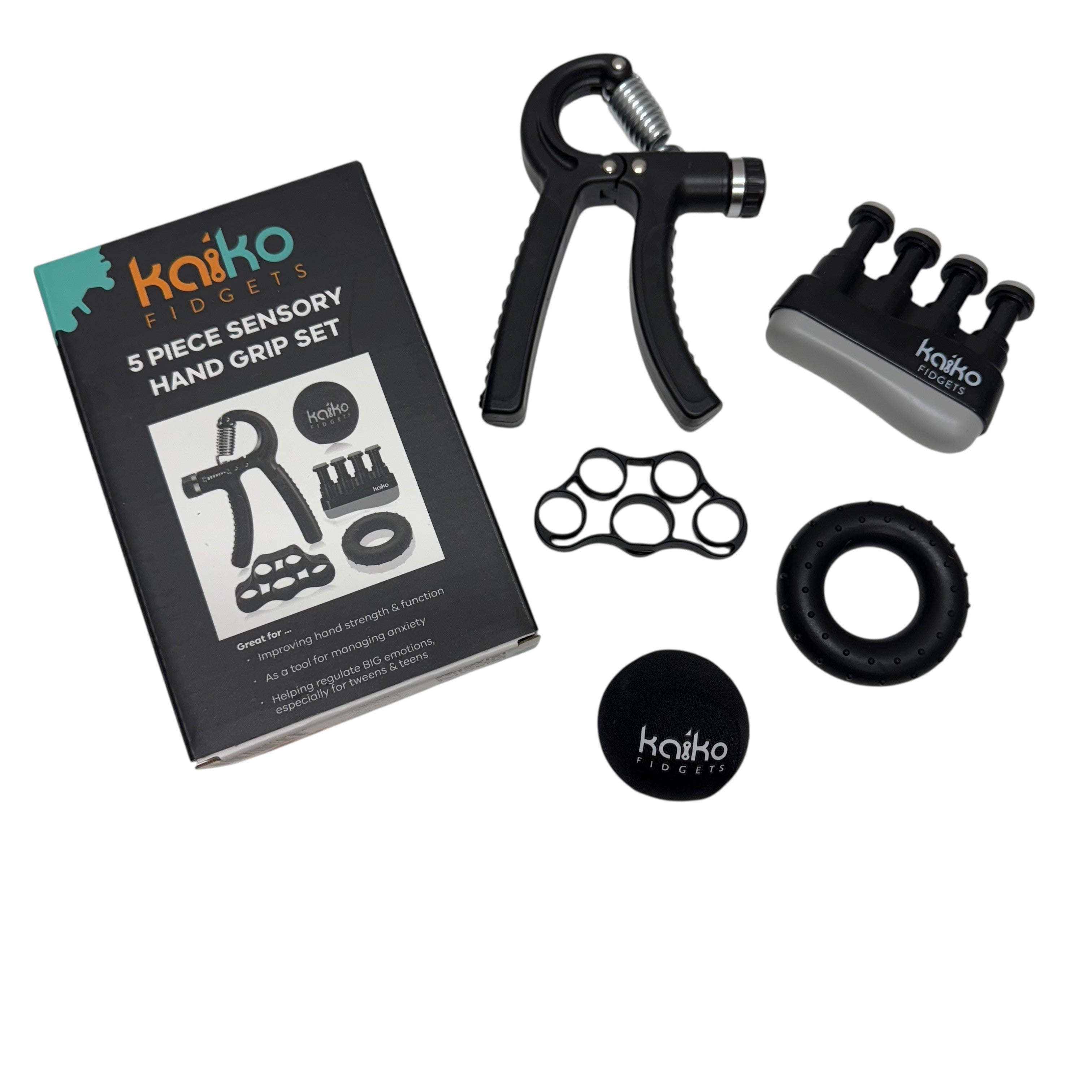 Kaiko 5 Piece Hand Grip Set with five resistance levels for sensory hand strengthening and therapy