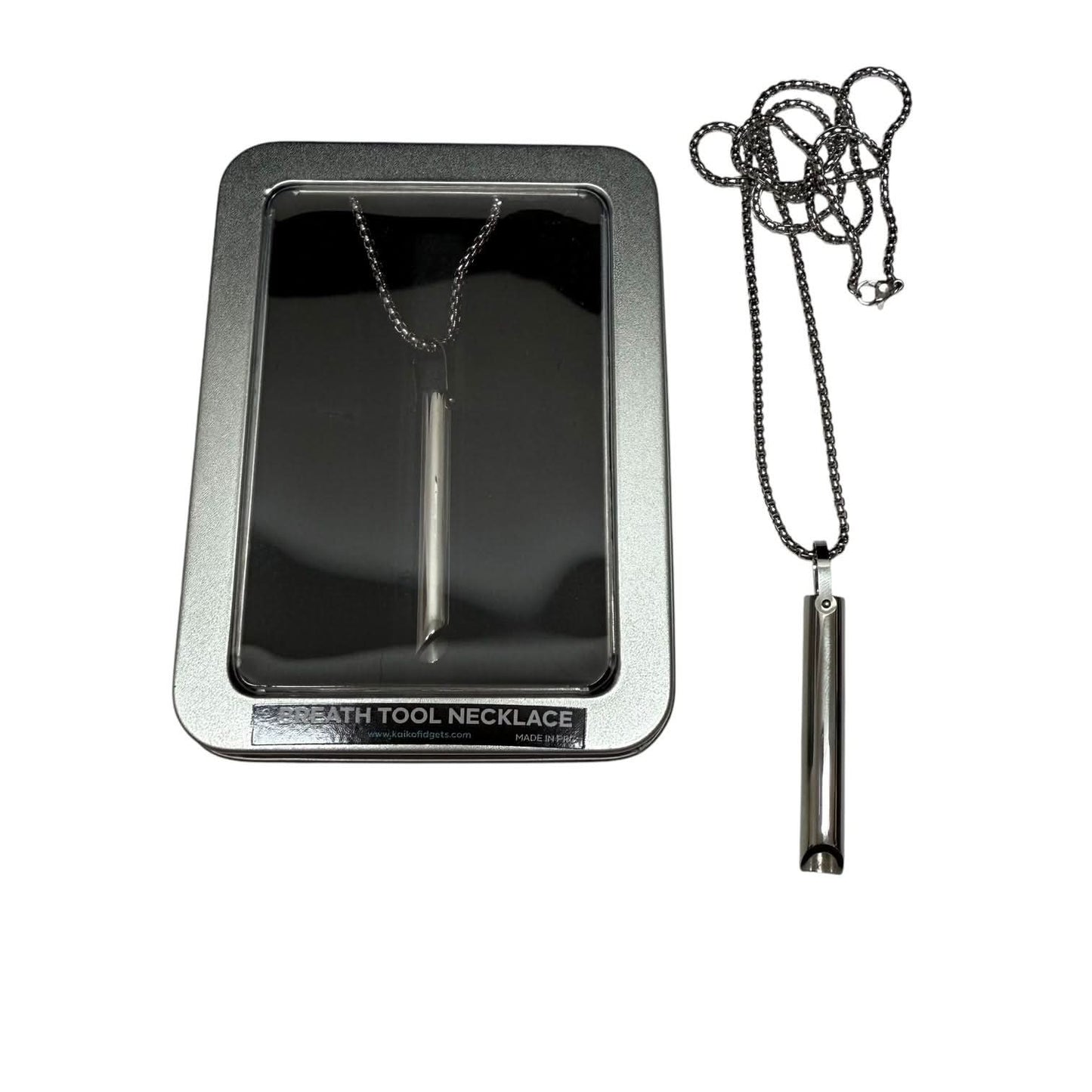 Kaiko Breath Tool stainless steel mindful breathing necklace in window tin packaging