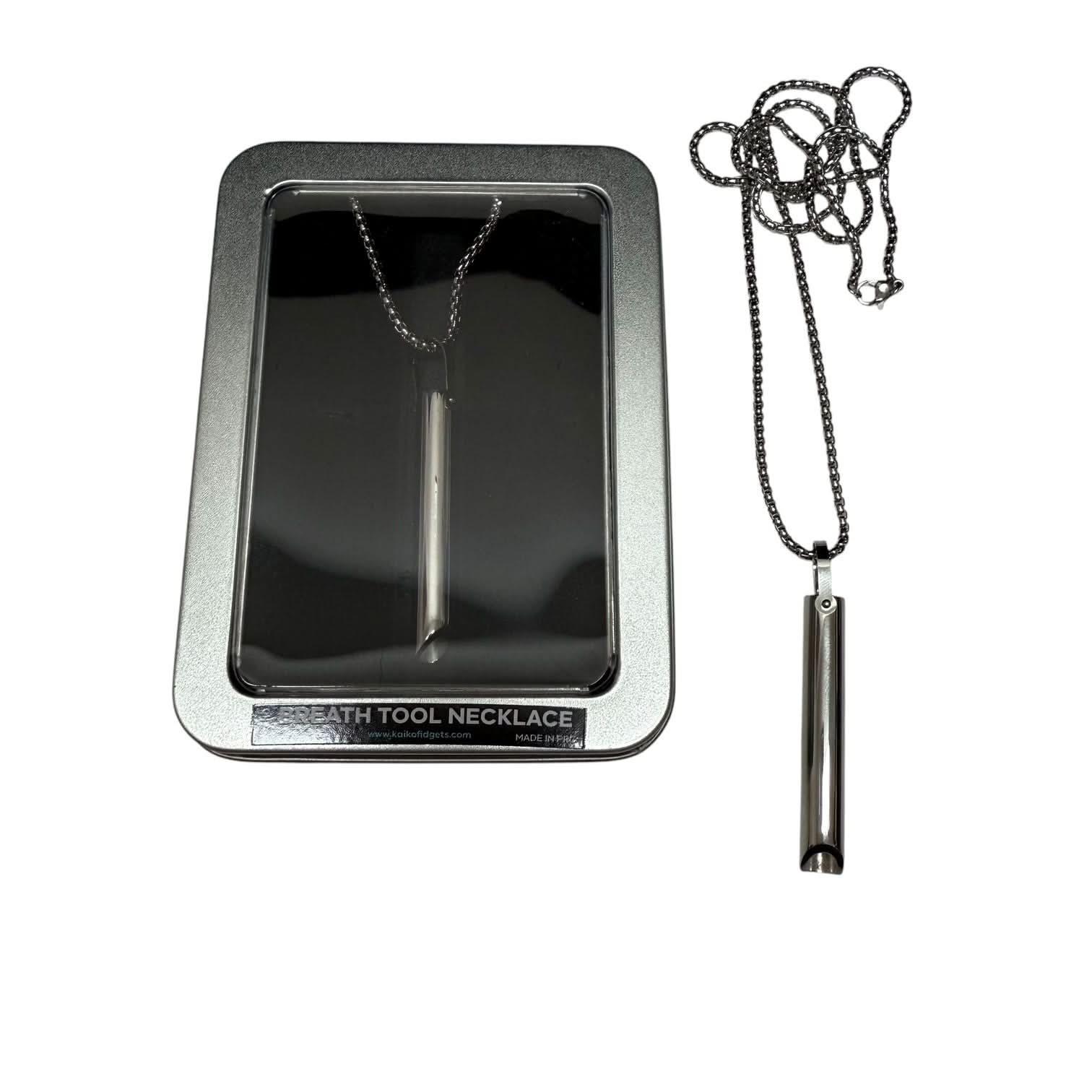 Kaiko Breath Tool stainless steel mindful breathing necklace in window tin packaging