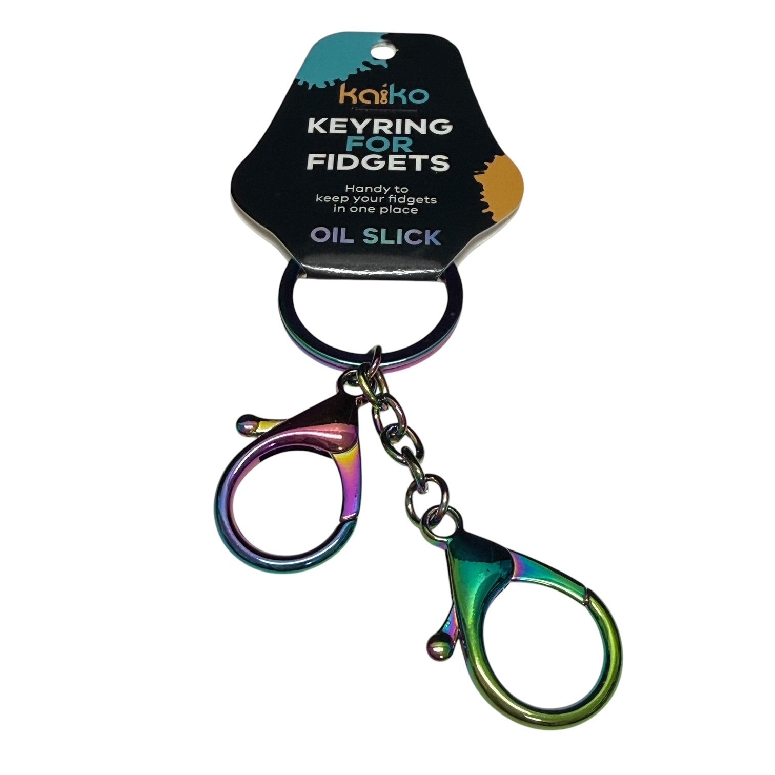 Kaiko Fidgets Keyring in oil slick finish holding sensory fidget toys for autism and ADHD support